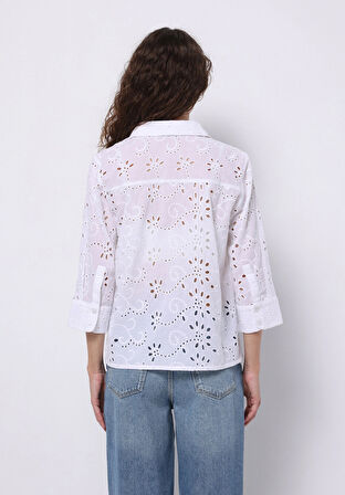 Regular Fit Shirt Neck Nakışlı Kadın Beyaz Uzun Kol Gömlek