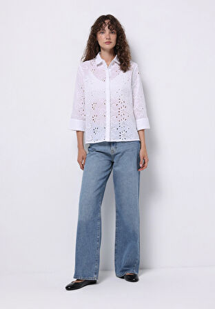 Regular Fit Shirt Neck Nakışlı Kadın Beyaz Uzun Kol Gömlek
