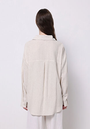 Regular Fit Shirt Neck Çizgili Kadın Bej Uzun Kol Gömlek