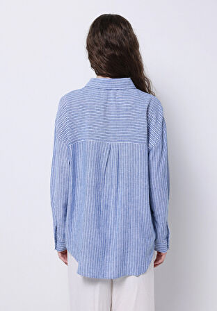Regular Fit Shirt Neck Çizgili Kadın Mavi Uzun Kol Gömlek