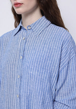 Regular Fit Shirt Neck Çizgili Kadın Mavi Uzun Kol Gömlek
