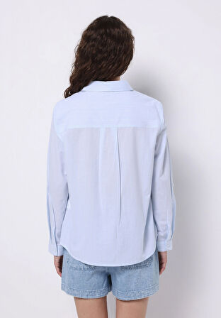 Regular Fit Shirt Neck Çizgili Kadın Mavi Roll-up Gömlek