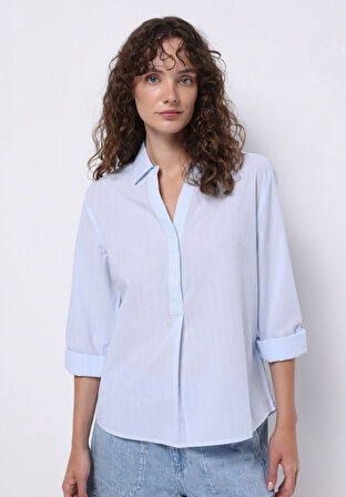 Regular Fit Shirt Neck Çizgili Kadın Mavi Roll-up Gömlek