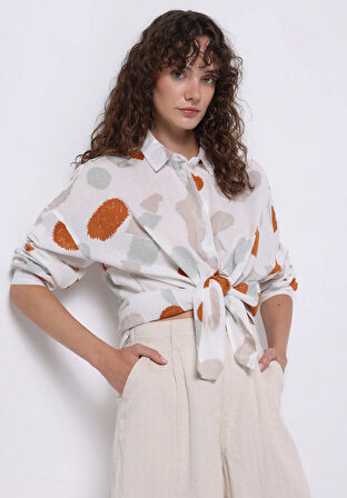 Relaxed Fit Shirt Neck Baskılı Kadın Çok Renkli Uzun Kol Gömlek