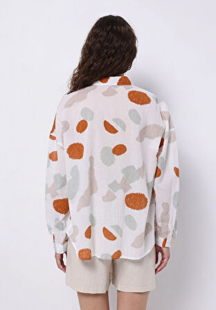 Relaxed Fit Shirt Neck Baskılı Kadın Çok Renkli Uzun Kol Gömlek