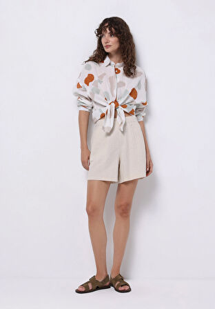 Relaxed Fit Shirt Neck Baskılı Kadın Çok Renkli Uzun Kol Gömlek