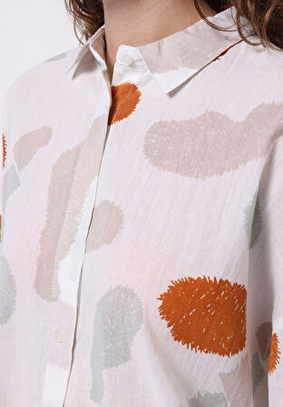 Relaxed Fit Shirt Neck Baskılı Kadın Çok Renkli Uzun Kol Gömlek