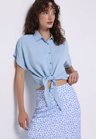 Regular Fit Shirt Neck Düz Kadın Mavi Kısa Kol Gömlek