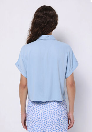 Regular Fit Shirt Neck Düz Kadın Mavi Kısa Kol Gömlek