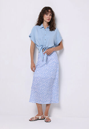 Regular Fit Shirt Neck Düz Kadın Mavi Kısa Kol Gömlek