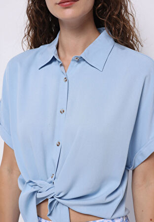 Regular Fit Shirt Neck Düz Kadın Mavi Kısa Kol Gömlek