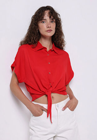 Regular Fit Shirt Neck Düz Kadın Kirmizi Kısa Kol Gömlek