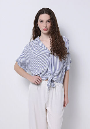 Regular Fit Shirt Neck Çizgili Kadın Mavi Kısa Kol Gömlek