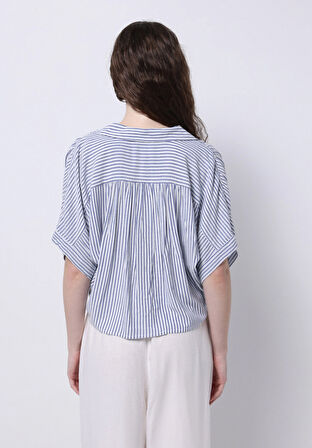 Regular Fit Shirt Neck Çizgili Kadın Mavi Kısa Kol Gömlek