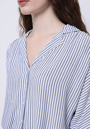 Regular Fit Shirt Neck Çizgili Kadın Mavi Kısa Kol Gömlek