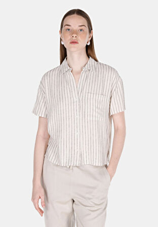Regular Fit Shirt Neck Çizgili Kadın Bej Kısa Kol Gömlek