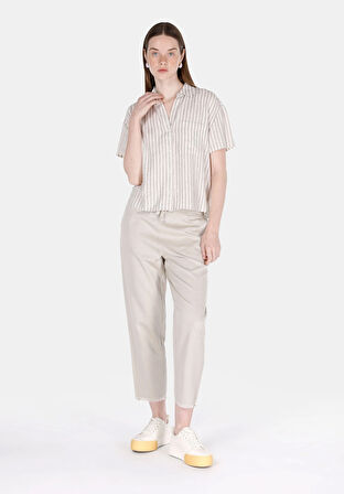 Regular Fit Shirt Neck Çizgili Kadın Bej Kısa Kol Gömlek