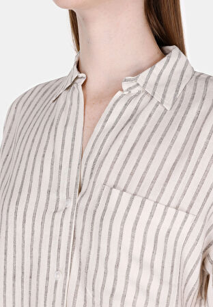 Regular Fit Shirt Neck Çizgili Kadın Bej Kısa Kol Gömlek