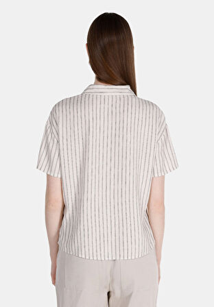 Regular Fit Shirt Neck Çizgili Kadın Bej Kısa Kol Gömlek