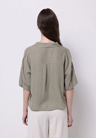 Regular Fit Shirt Neck Düz Kadın Yeşil Kısa Kol Gömlek