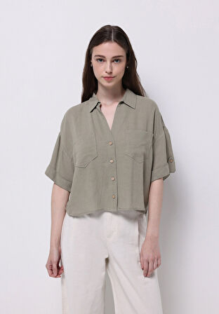 Regular Fit Shirt Neck Düz Kadın Yeşil Kısa Kol Gömlek