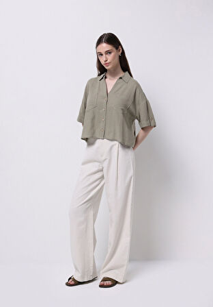 Regular Fit Shirt Neck Düz Kadın Yeşil Kısa Kol Gömlek