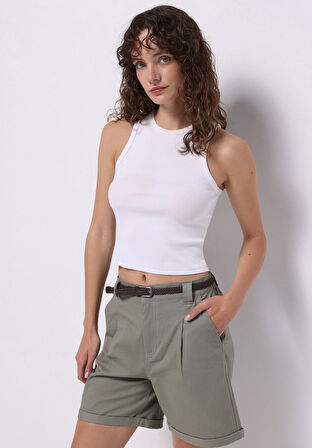 Slim Fit Yüksel Bel Düz Kadın Yeşil Şort