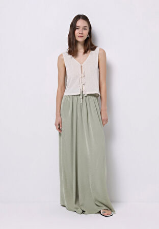 Regular Fit Yüksel Bel Geniş Paça Kadın Yeşil  Pantolon