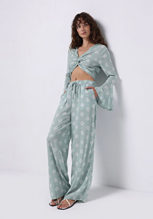 Regular Fit Yüksel Bel Geniş Paça Kadın Yeşil  Pantolon