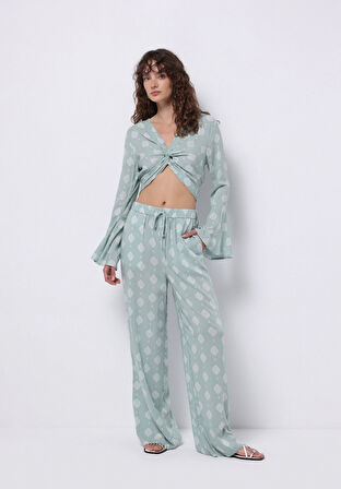 Regular Fit Yüksel Bel Geniş Paça Kadın Yeşil  Pantolon