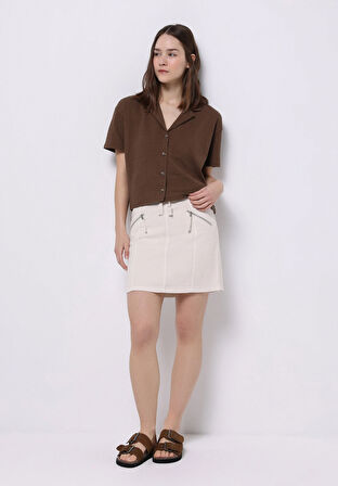 Mini Düz Bağcıklı Kadın Bej Etek