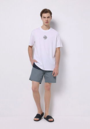 Slim Fit Baskılı Erkek Mavi Deniz Şortu
