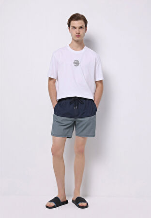 Slim Fit Baskılı Erkek Mavi Deniz Şortu