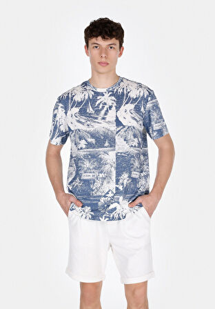 Comfort Fit Yuvarlak Yaka Baskılı Erkek Mavi Kısa Kol Tişört