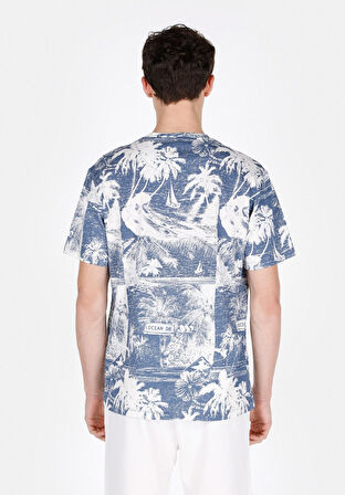 Comfort Fit Yuvarlak Yaka Baskılı Erkek Mavi Kısa Kol Tişört