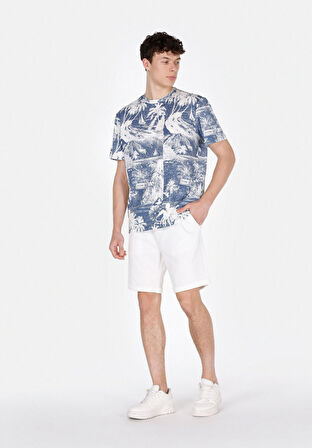 Comfort Fit Yuvarlak Yaka Baskılı Erkek Mavi Kısa Kol Tişört