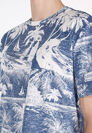 Comfort Fit Yuvarlak Yaka Baskılı Erkek Mavi Kısa Kol Tişört