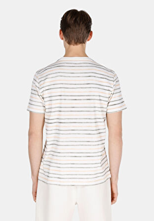Regular Fit Yuvarlak Yaka Çizgili Erkek Beyaz Kısa Kol Tişört