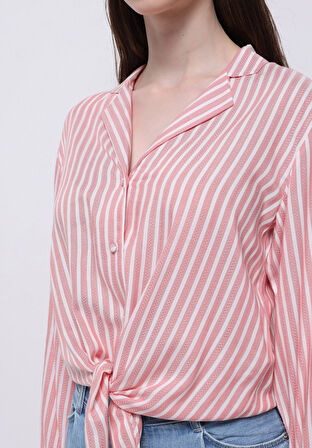 Regular Fit Shirt Neck Çizgili Kadın Kirmizi Uzun Kol Gömlek