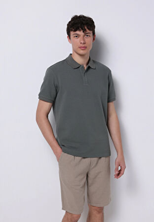 Regular Fit Polo Yaka Jakarlı Erkek Yeşil Kısa Kol Tişört
