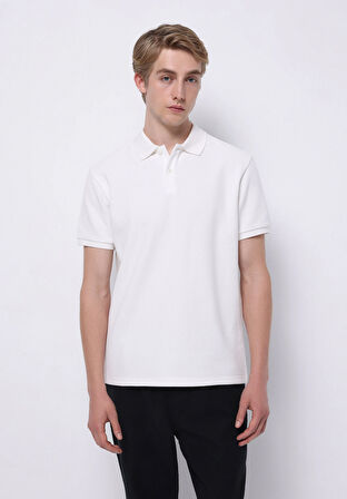 Regular Fit Polo Yaka Jakarlı Erkek Beyaz Kısa Kol Tişört