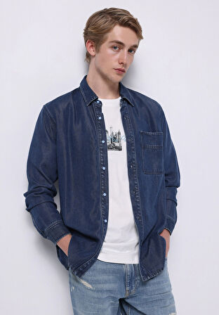 Regular Fit Klasik Yaka Düz Erkek Mavi Uzun Kol Gömlek