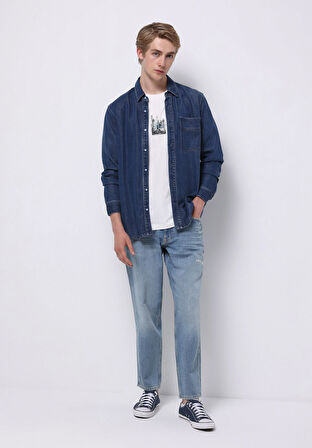 Regular Fit Klasik Yaka Düz Erkek Mavi Uzun Kol Gömlek