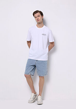 Regular Fit Orta Bel Düz Erkek İndigo Ecologic Jean Şort