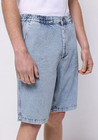 Regular Fit Orta Bel Düz Erkek İndigo Ecologic Jean Şort