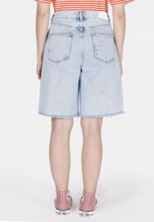 Regular Fit Yüksel Bel Düz Kadın Mavi Jean Şort