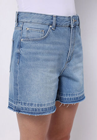 Mom Fit Yüksel Bel Düz Kadın Mid İndigo Denim Jean Şort