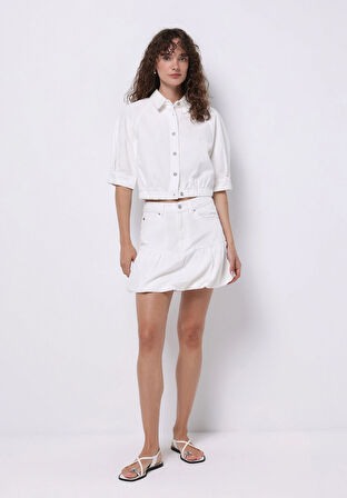 Balloon Skirt Düz Fermuarlı Kadın Beyaz Etek