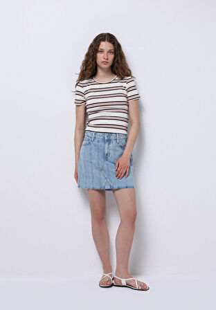 Regular Fit Çizgili Fermuarlı Kadın Mavi Etek