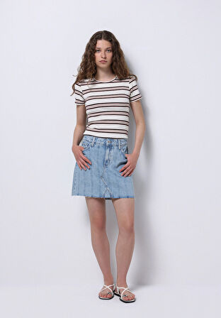 Regular Fit Çizgili Fermuarlı Kadın Mavi Etek